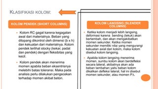 KLASIFIKASI KOLOM:
 Kolom RC gagal karena kegagalan
awal dari materialnya. Beban yang
ditopang dikontrol oleh dimensi (b x h)
dan kekuatan dari materialnya. Kolom
pendek terlihat stocky (kekar, padat
dan pendek) dengan fleksibitas yang
kecil.
 Kolom pendek akan menerima
momen apabila beban eksentrisnya
melebihi batas toleransi. Maka pada
analisis perlu dilakukan pengecekan
terhadap momen akibat beton.
 Ketika kolom menjadi lebih langsing,
deformasi karena bending (tekuk) akan
bertambah, dan akan mengakibatkan
momen sekunder. Ketika momen
sekunder memiliki nilai yang mengurangi
kekuatan axial dari kolom, maka kolom
disebut kolom langsing.
 Apabila kolom langsing menerima
momen, sumbu kolom akan berdefleksi
secara lateral, akibatnya akan ada
beban tambahan yaitu beban kolom
dikalikan defleksi lateral, hal ini disebut
momen sekunder, atau momen P∆.
KOLOM PENDEK (SHORT COLUMNS) KOLOM LANGSING (SLENDER
COLUMNS)
 