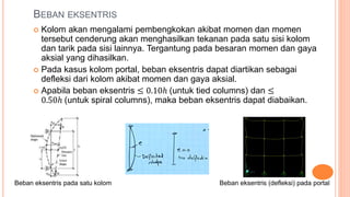 BEBAN EKSENTRIS
 Kolom akan mengalami pembengkokan akibat momen dan momen
tersebut cenderung akan menghasilkan tekanan pada satu sisi kolom
dan tarik pada sisi lainnya. Tergantung pada besaran momen dan gaya
aksial yang dihasilkan.
 Pada kasus kolom portal, beban eksentris dapat diartikan sebagai
defleksi dari kolom akibat momen dan gaya aksial.
 Apabila beban eksentris ≤ 0.10ℎ (untuk tied columns) dan ≤
0.50ℎ (untuk spiral columns), maka beban eksentris dapat diabaikan.
Beban eksentris pada satu kolom Beban eksentris (defleksi) pada portal
 