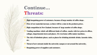 Continue…
Threats:
 High bargaining power of customers, because of large number of coffee shops.
 Price of raw materials increase, so there will be a raise in the products prices.
 High competition in New Zealand, because of large number of coffee shops.
 Vending machines which sell different kinds of coffees, snacks with low prices in offices,
colleges, departmental stores and places. Or even home coffee maker machines.
 The risk of Substitute places, such as places for drinking alcoholic drinks, karaoke clubs,
etc.
 Threat of new entrants inside the university campus or out around the university.
 Bargaining power of suppliers and customers.
 