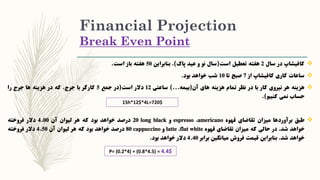 Financial Projection
Break Even Point
‫کافیشاپ‬‫در‬‫سال‬2‫هفته‬‫تعطیل‬‫است‬(‫سال‬‫نو‬‫و‬‫عید‬‫پاک‬)،‫بنابراین‬50‫هفته‬‫باز‬‫است‬.
‫ساعات‬‫کاری‬‫کافیشاپ‬‫از‬7‫صبح‬‫تا‬10‫شب‬‫خواهد‬‫بود‬.
‫هزینه‬‫هر‬‫نیروی‬‫کار‬‫با‬‫در‬‫نظر‬‫تمام‬‫هزینه‬‫های‬‫آن‬(‫بیمه‬...)‫ساعتی‬12‫دالر‬‫است‬(‫در‬‫جمع‬5‫کارگر‬‫با‬،‫جرج‬‫که‬‫در‬‫هزینه‬‫ها‬‫جرج‬‫را‬
‫حساب‬‫نمی‬‫کنیم‬).
‫طبق‬‫برآوردها‬‫میزان‬‫تقاضای‬‫قهوه‬americano،espresso‫و‬long black20‫درصد‬‫خواهد‬‫بود‬‫که‬‫هر‬‫لیوان‬‫آن‬4.00‫دالر‬‫فروخته‬
‫خواهد‬،‫شد‬‫در‬‫حالی‬‫که‬‫میزان‬‫تقاضای‬‫قهوه‬flat white،latte‫و‬cappuccino80‫درصد‬‫خواهد‬‫بود‬‫که‬‫هر‬‫لیوان‬‫آن‬4.50‫دالر‬‫فروخته‬
‫خ‬‫واهد‬‫شد‬،‫بنابراین‬‫قیمت‬‫فروش‬‫میانگین‬‫برابر‬4.40‫دالر‬‫خواهد‬‫بود‬.
P= (0.2*4) + (0.8*4.5) = 4.4$
15h*12$*4L=720$
 
