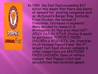 In 1983 ,the fast food exceeding $37 
billion this meant that there was plenty 
of demand for existing companies such 
as, McDonald’s Burger King, Kentucky 
Fried Chicken, the various of 
franchises. Increases in segments'. 
Mary decided to research in 
Minneapolis-St. Paul area liked HOT-SPICY 
CAJUN-STYLE Chicken & would 
be purchased POPEYE’S FRIED 
CHICKEN & BISCUITS, Inc. franchise 
its all because Popeye’s was the 3rd 
largest fast-food chicken company & 
other competitors are KENTUCKY 
FRIED CHICKEN. Some of mkters 
claimed that Popeye's (hot-and-spicy) 
chicken had universal appeal. 
 