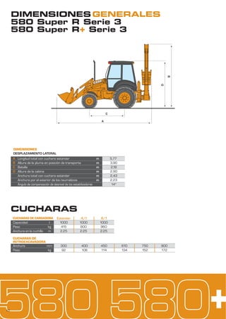 C
A
D
B
10
l
kg
m
mm
kg
300 400 450 610 750 900
92 106 114 134 152 172
A
B
C
D
DIMENSIONES GENERALES
580 Super R Serie 3
580 Super R+ Serie 3
DIMENSIONES
Longitud total con cuchara estándar
Altura de la pluma en posición de transporte
Batalla
Altura de la cabina
Anchura total con cuchara estándar
Anchura por el exterior de los neumáticos
Ángulo de compensación de desnivel de los estabilizadores
m
m
m
m
m
m
DESPLAZAMIENTO LATERAL
5,77
3,90
2,18
2,90
2,43
2,23
14°
CUCHARAS DE CARGADORA
Capacidad
Peso
Anchura en la cuchilla
CUCHARAS
Estándar 4/1 6/1
1000 1000 1000
415 800 960
2.25 2.25 2.25
CUCHARAS DE
RETROEXCAVADORA
Anchura
Peso
 