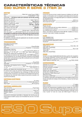 12
CARACTERÍSTICAS TÉCNICAS
MOTOR
Marca ____________________"CNH UK Limited" (para CASE )
Tipo________________________________F4HE9484C*J102
Cilindrada___4,5 litros, turbo con common rail de alta presión
Número de cilindros _________________________________4
Diámetro x carrera _______________________104 x 132 mm
Sistema de inyección ________________________Electrónica
Régimen máximo sin carga ______________2430 +/- 50 rpm
Potencia ISO 14396 ____________________82 kW / 110 CV
Régimen nominal en carga ____________________2.250 rpm
Par máximo, CE/97/68 ________________________516 Nm
Régimen al par máximo _______________________1400 rpm
Filtro de aire ________________De tipo seco – Dos elementos
Filtro de aceite _____De caudal máximo, con cartucho de rosca
CompatibleconlaEST(herramientaelectrónicadeservicio)deCase.
Los motores cumplen las normas 97/68/CE Tier 3 de reducción
de la contaminación.
Su fiabilidad y reducido coste de explotación son de sobra conocidos
por los usuarios de Case.
TRANSMISIÓN
Dos tipos de transmisión
POWERSHUTTLE
Tipo_____________________________________PowerShuttle
Marchas ________________________4 avance / 4 retroceso
Velocidades máximas
Avance: 1ª, 2ª, 3ª y 4ª ____________6,4 -10,3 -21,9 y 39 km/h
Retroceso: 1ª, 2ª, 3ª y 4ª ______7,6 - 12,3 - 26,2 y 46,4 km/h
Relación de calado del convertidor de par ____________2,31:1
La sencillez es sinónimo de robustez; por eso CASE equipa sus
retrocargadoras con una caja de cambios mecánica comprobada
desde hace mucho tiempo y cuya última evolución es la culminación
de una larga experiencia
POWERSHIFT
Tipo ______________________________________PowerShift
Velocidad _______________________4 avance / 2 retroceso
Velocidades de desplazamiento máximas
1ª, 2ª, 3ª y 4ª ________________6,3 - 11,8 - 23,4 y 41,4 km/h
1ª y 2ª _______________________________7,5 y 14,0 km/h
Relación de calado del convertidor de par ____________2,31:1
El control de la caja de cambios PowerShift asegura cambios
suaves con sincronizadores que prolongan la vida útil de los
componentes mecánicos y aumentan la comodidad del operario.
La palanca de inversión está ergonómicamente situada a la
izquierda del volante.
SISTEMA ELÉCTRICO
Tensión _____________________________________12 voltios
Batería ___________________________1 x 12 V x 95 Amp/h
Alternador _______________________________90 amperios
SISTEMA HIDRÁULICO
Tipo de bomba ______________________________Engranajes
Número de cuerpos _________________________________2
Caudal máximo _____________________________170 l/min
Presión máxima _______________________________210 bar
Filtro _______________________________________7 micras
Combina la intrínseca sencillez y robustez de una bomba de
engranajes de doble cuerpo con la facilidad de uso de un circuito
modular.
FRENOS
Frenos de servicio de las ruedas traseras multidisco en baño de
aceite; combinados con la conexión automática de la tracción
delanteragarantizanunaseguridadóptimaentodaslascondiciones
de desplazamiento.
Diámetro de los discos _________________________203 mm
Área total de fricción ________________________2.878 cm2
DIRECCIÓN
Radios de giro
por fuera del borde del neumático delantero ______4.250 mm
en la esquina de la cuchara ____________________5.525 mm
en el diente de la cuchara _____________________5.625 mm
Nota: neumáticos delanteros 12.5/80-18, ruedas sin frenar,
tracción a las cuatro ruedas conectada
EJES
EJE TRASERO FIJO
Diferencial blocante _____________________________100 %
EJE DELANTERO OSCILANTE 4WD
Oscilación ___________________________________11°/11°
NEUMÁTICOS
4WD delante ____________________________12,5/80 x 18
320/80 x 18 (IT520)
4WD detrás ________________________________18,4 x 26
16,9 x 28
480/80 x 26 (IT520)
PESO
Versiónconequipodesplazablelateralmente,cucharadecargadora
con dientes estándar, cuchara retro de 610 mm, depósito de
combustible lleno y operario a bordo (75 kg).
4WD, balancín estándar/ext._______________kg 7.910/8.140
CAPACIDADES
Depósito de combustible __________________________128 l
Depósito hidráulico ________________________________55 l
Circuito hidráulico completo ________________________118 l
Aceite del motor ________________________________13,6 l
Sistema de refrigeración____________________________24 l
Aceite de la caja de cambios _________________________18 l
Eje delantero 4WD Diferencial _______________________7,0 l
Reductora final_______________________________0,7 +0,7 l
Eje trasero 4WD total ____________________________22,0 l
La elevada capacidad del depósito de combustible proporciona
largos periodos de trabajo entre llenados y reduce los tiempos
muertos.
RUIDO
Interior (LpA) _________________________________77 dB(A)
Exterior (LwA) _______________________________103 dB(A)
Aunque las evaluaciones científicas de los niveles de ruido son
idénticas a las del motor 580 Super R Serie 2, los operarios y las
personas que están próximas al vehículo tienden a percibir como
más "suave" el nivel de ruido del 590 Super R Serie 2.
590 SUPER R SERIE 3 (TIER 3)
 