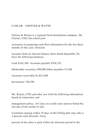 CASE 6B – CHESTER & WAYNE
Chester & Wayne is a regional food distribution company. Mr.
Chester, CEO, has asked your
assistance in preparing cash-flow information for the last three
months of this year. Selected
accounts from an interim balance sheet dated September 30,
have the following balances:
Cash $142,100 Accounts payable $354,155
Marketable securities 200,000 Other payables 53,200
Accounts receivable $1,012,500
Inventories 150,388
Mr. Wayne, CFO, provides you with the following information
based on experience and
management policy. All sales are credit sales and are billed the
last day of the month of sale.
Customers paying within 10 days of the billing date may take a
2 percent cash discount. Forty
percent of the sales is paid within the discount period in the
 