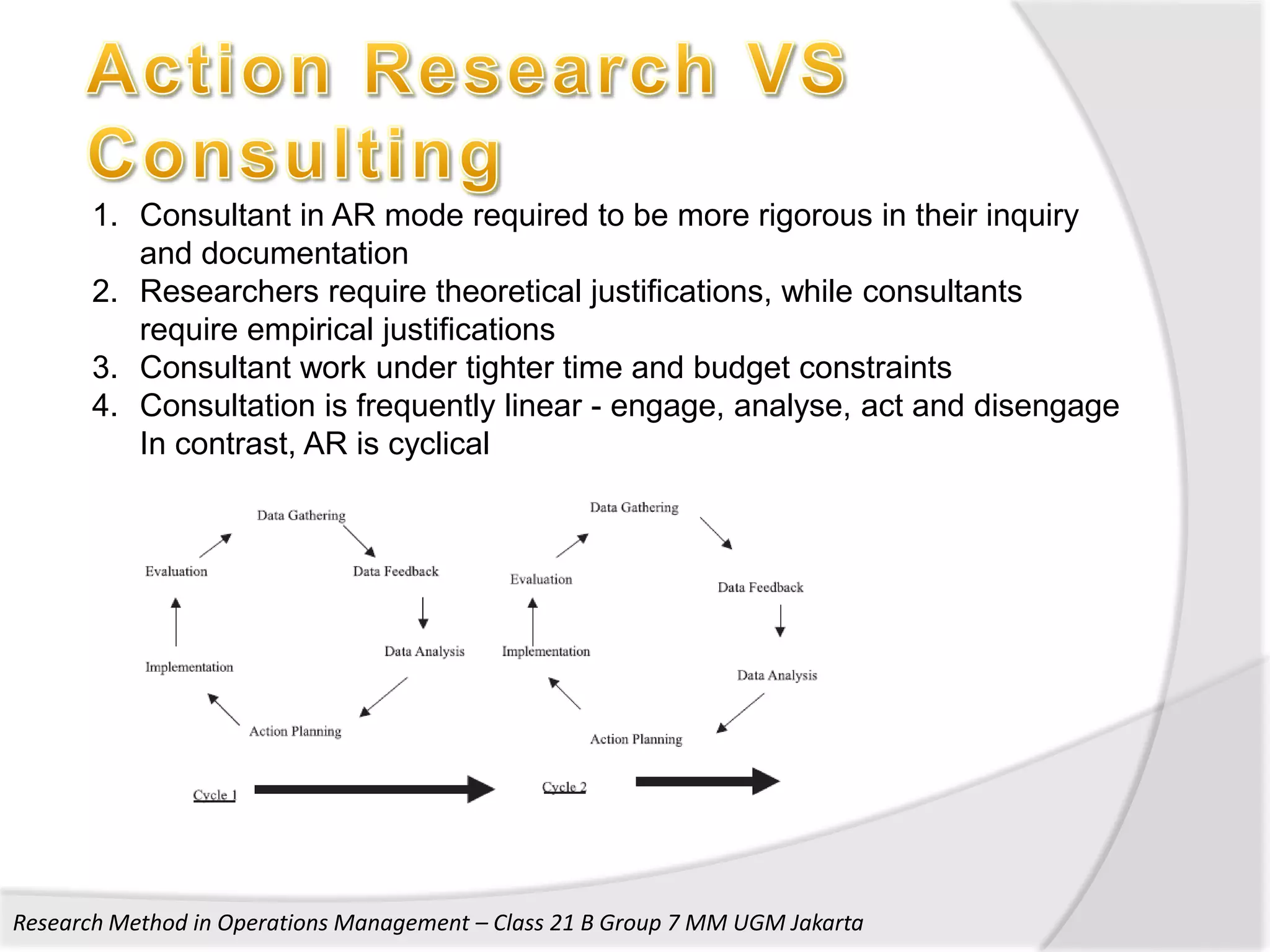 1. Consultant in AR mode required to be more rigorous in their inquiry
          and documentation
       2. Researchers require theoretical justifications, while consultants
          require empirical justifications
       3. Consultant work under tighter time and budget constraints
       4. Consultation is frequently linear - engage, analyse, act and disengage
          In contrast, AR is cyclical




Research Method in Operations Management – Class 21 B Group 7 MM UGM Jakarta
 