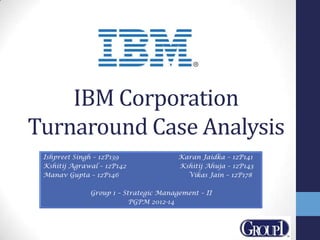IBM Corporation
Turnaround Case Analysis
Ishpreet Singh – 12P139 Karan Jaidka – 12P141
Kshitij Agrawal – 12P142 Kshitij Ahuja – 12P143
Manav Gupta – 12P146 Vikas Jain – 12P178
Group 1 – Strategic Management – II
PGPM 2012-14
 