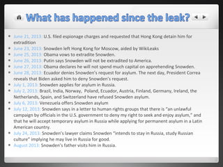 














June 21, 2013: U.S. filed espionage charges and requested that Hong Kong detain him for
extradition
June 23, 2013: Snowden left Hong Kong for Moscow, aided by WikiLeaks
June 25, 2013: Obama vows to extradite Snowden.
June 26, 2013: Putin says Snowden will not be extradited to America.
June 27, 2013: Obama declares he will not spend much capital on apprehending Snowden.
June 28, 2013: Ecuador denies Snowden’s request for asylum. The next day, President Correa
reveals that Biden asked him to deny Snowden’s request.
July 1, 2013: Snowden applies for asylum in Russia.
July 2, 2013: Brazil, India, Norway, Poland, Ecuador, Austria, Finland, Germany, Ireland, the
Netherlands, Spain, and Switzerland have refused Snowden asylum.
July 6, 2013: Venezuela offers Snowden asylum
July 12, 2013: Snowden says in a letter to human rights groups that there is “an unlawful
campaign by officials in the U.S. government to deny my right to seek and enjoy asylum,” and
that he will accept temporary asylum in Russia while applying for permanent asylum in a Latin
American country.
July 24, 2013: Snowden’s lawyer claims Snowden “intends to stay in Russia, study Russian
culture” implying he may live in Russia for good.
August 2013: Snowden’s father visits him in Russia.

 