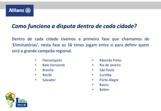 Como funciona a disputa dentro de cada cidade?
Dentro de cada cidade tivemos a primeira fase que chamamos de
‘Eliminatórias’, nesta fase os 16 times jogam entre si para definir quem
será o grande campeão regional.

 