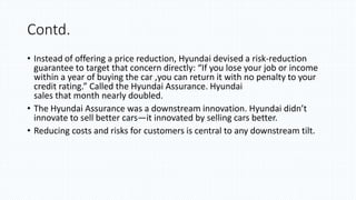 Contd.
• Instead of offering a price reduction, Hyundai devised a risk-reduction
guarantee to target that concern directly: “If you lose your job or income
within a year of buying the car ,you can return it with no penalty to your
credit rating.” Called the Hyundai Assurance. Hyundai
sales that month nearly doubled.
• The Hyundai Assurance was a downstream innovation. Hyundai didn’t
innovate to sell better cars—it innovated by selling cars better.
• Reducing costs and risks for customers is central to any downstream tilt.
 