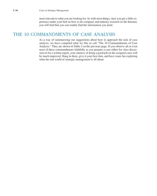 C-16 Cases in Strategic Management
most relevant to what you are looking for. As with most things, once you get a little ex-
perience under your belt on how to do company and industry research on the Internet,
you will find that you can readily find the information you need.
THE 10 COMMANDMENTS OF CASE ANALYSIS
As a way of summarizing our suggestions about how to approach the task of case
analysis, we have compiled what we like to call “The 10 Commandments of Case
Analysis.” They are shown in Table 2 on the previous page. If you observe all or even
most of these commandments faithfully as you prepare a case either for class discus-
sion or for a written report, your chances of doing a good job on the assigned cases will
be much improved. Hang in there, give it your best shot, and have some fun exploring
what the real world of strategic management is all about.
tho1978X_pt2.qxd 10/18/2000 11:26 AM Page C-16
 