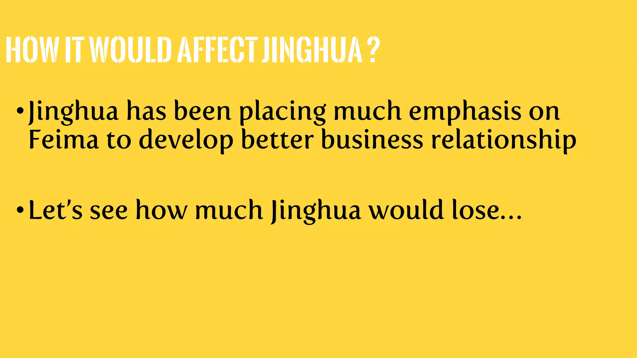 HowitwouldaffectJinghua?
•Jinghua has been placing much emphasis on
Feima to develop better business relationship
•Let’s see how much Jinghua would lose…
 