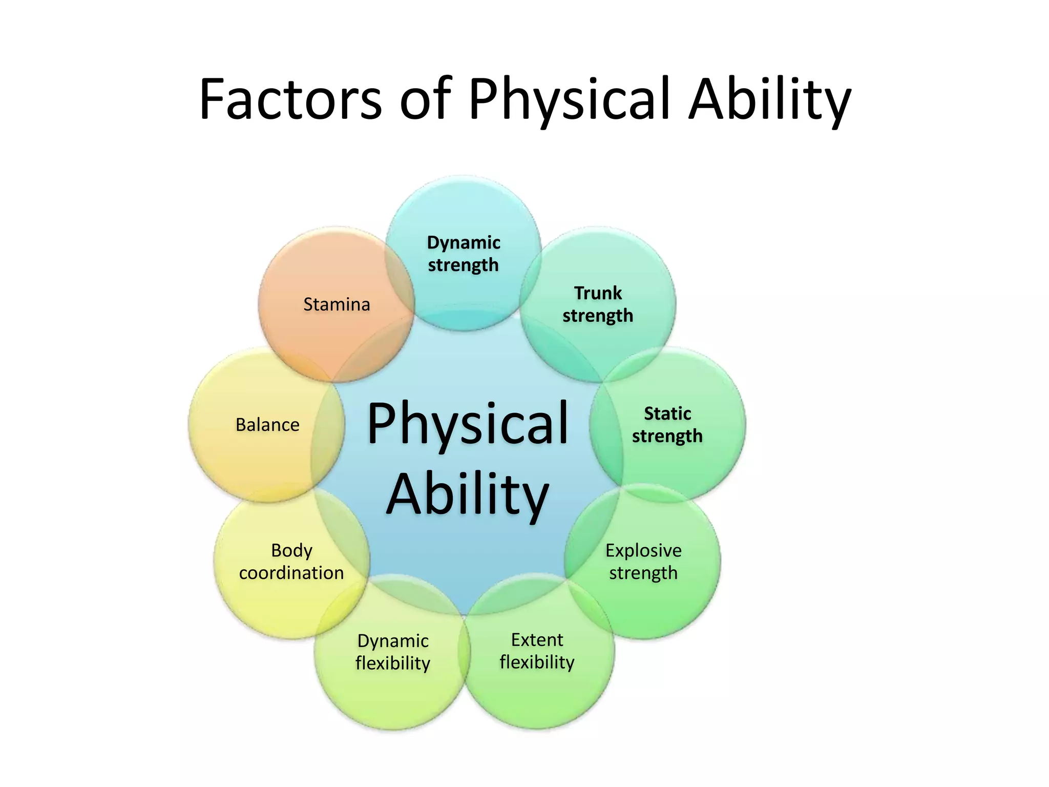Factors of Physical Ability
Dynamic
strength
Stamina

Balance

Trunk
strength

Physical
Ability

Body
coordination

Static
strength

Explosive
strength
Dynamic
flexibility

Extent
flexibility

 