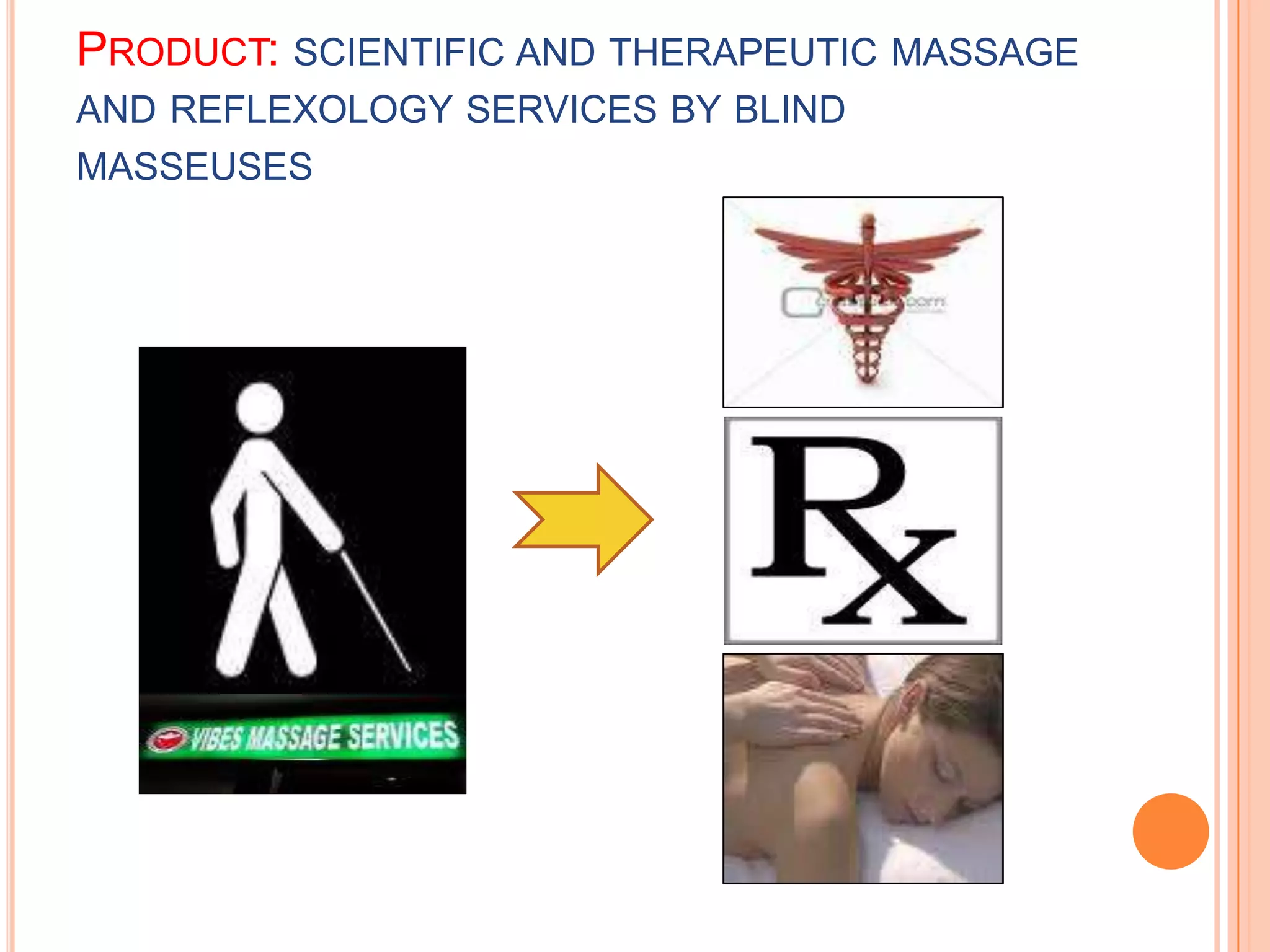 Product: scientific and therapeutic massage and reflexology services by blind masseuses