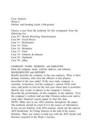 Case Analysis
Week 6
Outline and Grading Guide (100 points)
Choose a case from the textbook for this assignment from the
following list.
Case 07 - World Wrestling Entertainment
Case 09 - Fresh Direct
Case 11 - Kickstarter
Case 14 - Pixar
Case 16 - Heineken
Case 17 - Ford
Case 19 - Johnson & Johnson
Case 23 - Starbucks
Case 30 - eBay
COMPANY NAME, WEBSITE, and INDUSTRY
State the company name, website address, and industry.
BACKGROUND and HISTORY
Briefly describe the company in the case analysis. What is their
primary business, who were the officers or key players
described in the case study? If the case study company is
currently in business, list the company’s current CEO, total
sales, and profit or loss for the last year where data is available.
Identify key events or phases in the company’s history.
Describe the performance of this company in the industry. Visit
the company’s website and use http://finance.yahoo.com and/or
some other financial search engine to find this data.
NOTE: Make sure to use APA citations throughout the paper.
The textbook should be cited if it is the source of information.
If you are not familiar with APA citation, check out the tutorial
APA Guidelines for Citing Sources at the end of the course
Syllabus. There are videos to help you with the APA format and
business research in the Week 1 Lecture.
 