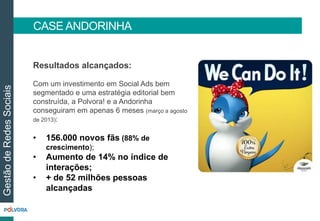 CASE ANDORINHA 
Gestão de Redes Sociais 
Resultados alcançados: 
Com um investimento em Social Ads bem 
segmentado e uma estratégia editorial bem 
construída, a Polvora! e a Andorinha 
conseguiram em apenas 6 meses (março a agosto 
de 2013): 
• 156.000 novos fãs (88% de 
crescimento); 
• Aumento de 14% no índice de 
interações; 
• + de 52 milhões pessoas 
alcançadas 
 