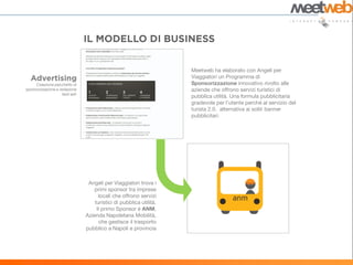 Meetweb ha elaborato con Angeli per
                                                                      Viaggiatori un Programma di
     Creazione pacchetto di                                           Sponsorizzazione innovativo rivolto alle
sponsorizzazione e redazione                                          aziende che offrono servizi turistici di
                     testi adv
                                                                      pubblica utilità. Una formula pubblicitaria
                                                                      gradevole per l’utente perché al servizio del
                                                                      turista 2.0. alternativa ai soliti banner
                                                                      pubblicitari.




                                  Angeli per Viaggiatori trova i
                                     primi sponsor tra imprese
                                       locali che offrono servizi
                                     turistici di pubblica utilità.
                                      Il primo Sponsor è ANM,
                                 Azienda Napoletana Mobilità,
                                       che gestisce il trasporto
                                 pubblico a Napoli e provincia
 