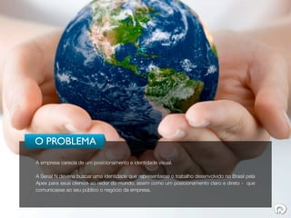 O PROBLEMA
A empresa carecia de um posicionamento e identidade visual.

A Serial N deveria buscar uma identidade que representasse o trabalho desenvolvido no Brasil pela
Apex para seus clientes ao redor do mundo, assim como um posicionamento claro e direto - que
comunicasse ao seu público o negócio da empresa.
 