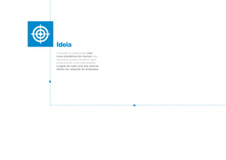 Ideia
A solução foi desenvolver uma
nova arquitetura de marcas para
que fosse possível visualizar, tanto
publicamente como internamente,
o papel de cada uma das marcas
dentro do conjunto de empresas.
 