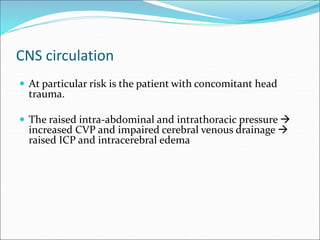 CNS circulation
 At particular risk is the patient with concomitant head
trauma.
 The raised intra-abdominal and intrathoracic pressure 
increased CVP and impaired cerebral venous drainage 
raised ICP and intracerebral edema
 