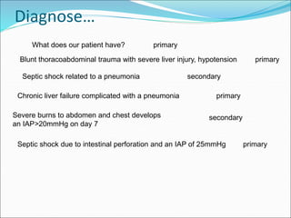 Diagnose…
What does our patient have? primary
Blunt thoracoabdominal trauma with severe liver injury, hypotension primary
Septic shock related to a pneumonia secondary
Chronic liver failure complicated with a pneumonia primary
Severe burns to abdomen and chest develops
an IAP>20mmHg on day 7
secondary
Septic shock due to intestinal perforation and an IAP of 25mmHg primary
 