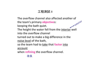 工程測試 II

The overflow channel also affected another of 
the team's primary objectives:                      ior
                                              ex ter
keeping the bath quiet. 
The height the water fell from the interior well 
into the overflow channel 
turned out to make a big difference in the 
noise level of the bath, 
so the team had to take that factor into 
account
when refining the overflow channel.
        改良
 