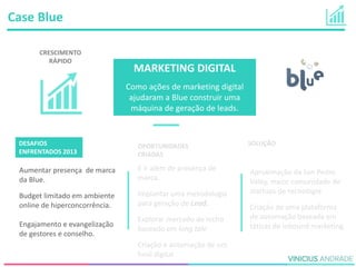 CRESCIMENTO
RÁPIDO
Case Blue
MARKETING DIGITAL
Como ações de marketing digital
ajudaram a Blue construir uma
máquina de geração de leads.
DESAFIOS
ENFRENTADOS 2013
Aumentar presença de marca
da Blue.
Budget limitado em ambiente
online de hiperconcorrência.
Engajamento e evangelização
de gestores e conselho.
OPORTUNIDADES
CRIADAS
E ir além de presença de
marca.
Implantar uma metodologia
para geração de Lead.
Explorar mercado de nicho
baseado em long tale
Criação e automação de um
funil digital
SOLUÇÃO
Aproximação da San Pedro
Valey, maior comunidade de
startups de tecnologia
Criação de uma plataforma
de automação baseada em
táticas de inbound marketing.
 