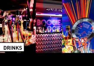 DRINKS 
Lançamento da novela 
BOOGIE OOGIE 
Espaço Franklin 
Rio de Janeiro 
Os drinks foram uma das atrações especiais da festa. Entre os coquetéis clássicos, como 
Gin Tônica, Campari e Cuba Libre, o cardápio ainda tinha o formato de vinil. 
O buffet inspirado, incluía iguarias como Estrogonofe e abacaxi decorado à moda da época. 
 