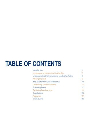 TABLE OF CONTENTS
Introduction								1
Importance of Instructional Leadership				

2

Understanding the Instructional Leadership Rubric		

4

Making the Shift							6
The Teacher-Principal Partnership					10
Developing Teacher Leaders					15
Fostering Talent							17
Exploring Peer Practices						18
Conclusions								20
Resources								22
CASE Events								23

 