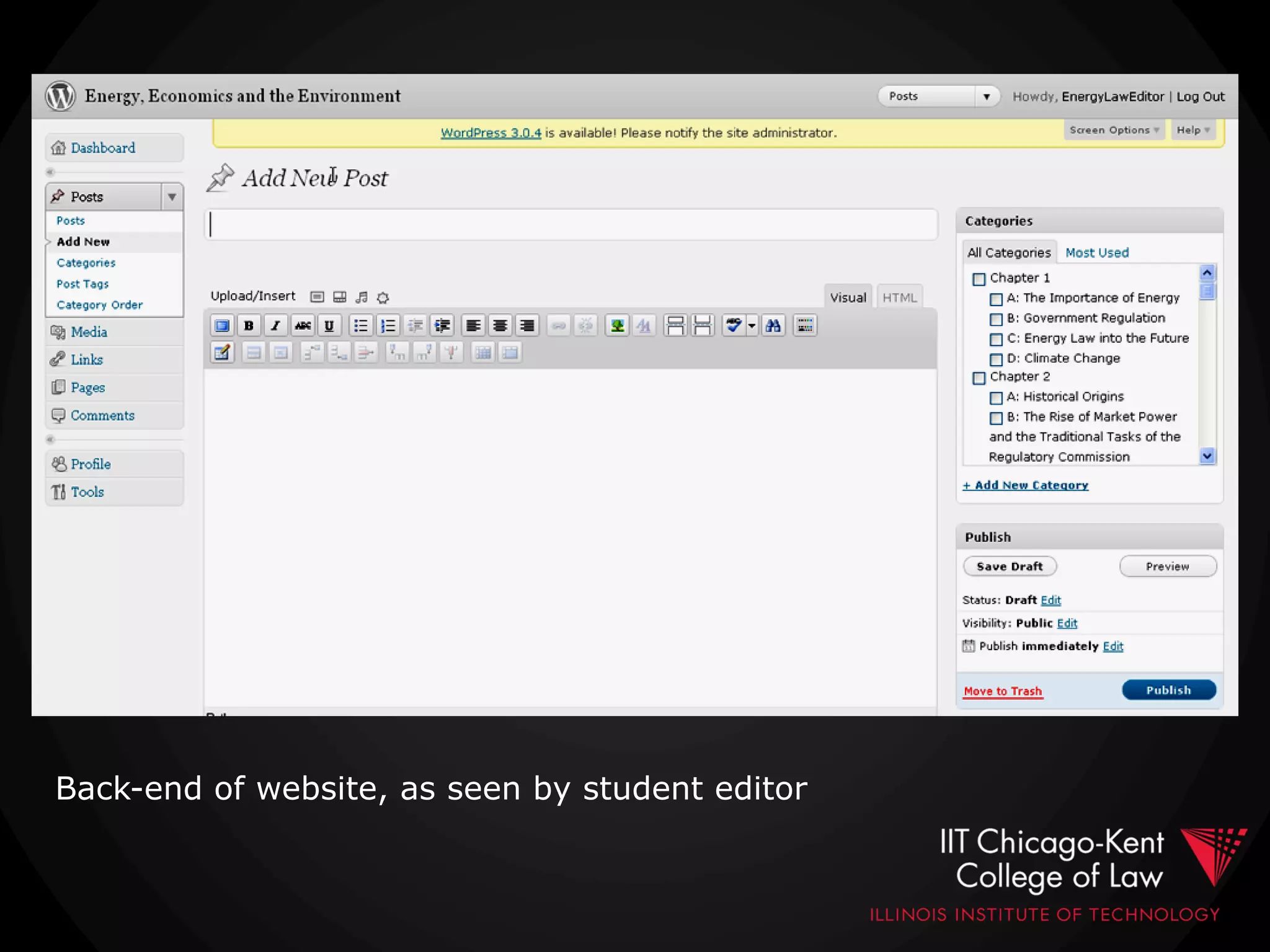 Back-end of website, as seen by student editor