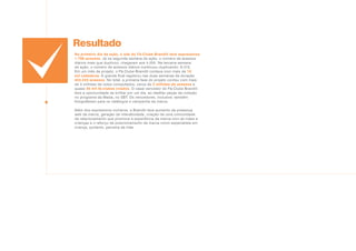 Resultado
No primeiro dia da ação, o site do Fã-Clube Brandili teve expressivos
1.796 acessos. Já na segunda semana de ação, o número de acessos
diários mais que duplicou: chegaram aos 4.555. Na terceira semana
de ação, o número de acessos diários continuou duplicando: 8.315.
Em um mês de projeto, o Fã-Clube Brandili contava com mais de 10
mil cadastros. A grande final registrou nas duas semanas de duração
403.225 acessos. No total, a primeira fase do projeto contou com mais
de 3 milhões de votos computados, cerca de 3 milhões de acessos e
quase 30 mil fã-clubes criados. O casal vencedor do Fã-Clube Brandili
teve a oportunidade de brilhar por um dia, ao desfilar peças da coleção
no programa da Maísa, no SBT. Os vencedores, inclusive, também
fotografaram para os catálogos e campanha da marca.
Além dos expressivos números, a Brandili teve aumento da presença
web da marca, geração de interatividade, criação de uma comunidade
de relacionamento que promove a experiência da marca com as mães e
crianças e o reforço de posicionamento da marca como especialista em
criança, portanto, parceira da mãe.
 