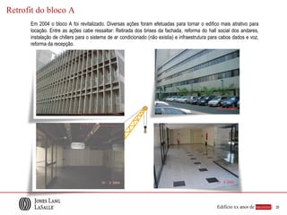 Retrofit do bloco A
      Em 2004 o bloco A foi revitalizado. Diversas ações foram efetuadas para tornar o edifico mais atrativo para
      locação. Entre as ações cabe ressaltar: Retirada dos brises da fachada, reforma do hall social dos andares,
      instalação de chillers para o sistema de ar condicionado (não existia) e infraestrutura para cabos dados e voz,
      reforma da recepção.




                                                                                                Edifício xx anos de sucesso |   20
 