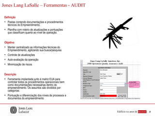 Jones Lang LaSalle – Ferramentas - AUDIT

 Definição
 • Pastas contendo documentações e procedimentos
   técnicos do Empreendimento.
 • Planilha com roteiro de atualizações e pontuações
   que classificam quanto ao nível de operação.


 Objetivo
 • Manter centralizado as informações técnicas do
   Empreendimento, agilizando sua busca/pesquisa
 • Controle de atualizações
 • Auto-avaliação da operação
 • Minimização de riscos


 Descrição
 • Ferramenta implantada junto à matriz EUA para
   controlar todos os procedimentos operacionais bem
   como documentações necessárias dentro do
   empreendimento. Os assuntos são divididos por
   categorias:
 • Pontuação e diferenciação dos níveis de processos e
   documentos do empreendimento



                                                         Edifício xx anos de sucesso |   29
 