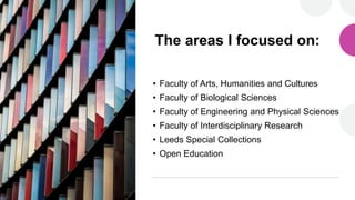 The areas I focused on:
• Faculty of Arts, Humanities and Cultures
• Faculty of Biological Sciences
• Faculty of Engineeri...