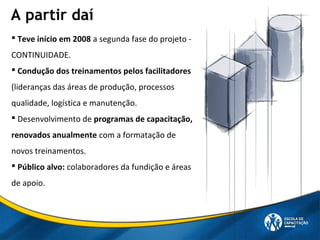 A partir daí
 Teve início em 2008 a segunda fase do projeto -
CONTINUIDADE.
 Condução dos treinamentos pelos facilitadores
(lideranças das áreas de produção, processos
qualidade, logística e manutenção.
 Desenvolvimento de programas de capacitação,
renovados anualmente com a formatação de
novos treinamentos.
 Público alvo: colaboradores da fundição e áreas
de apoio.
 