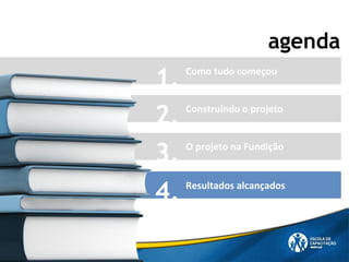1.
2.
3.
4.
agenda
Como tudo começou
Construindo o projeto
Resultados alcançados
O projeto na Fundição
 