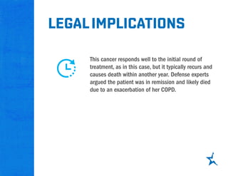 This cancer responds well to the initial round of
treatment, as in this case, but it typically recurs and
causes death within another year. Defense experts
argued the patient was in remission and likely died
due to an exacerbation of her COPD.
legalimplications
 