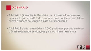 O CENÁRIO 
• A ABRALE (Associação Brasileira de Linfoma e Leucemia) é 
uma instituição que dá todo o suporte para pacientes que lutam 
contra o câncer no sangue e para seus familiares. 
• A ABRALE ajuda, em média, 40.000 pacientes por ano em todo 
o Brasil e depende de doações para continuar nessa luta. 
 