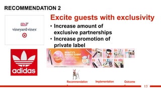13
Excite guests with exclusivity
RECOMMENDATION 2
• Increase amount of
exclusive partnerships
• Increase promotion of
private label
Recommendation
s
Implementation Outcome
s
 