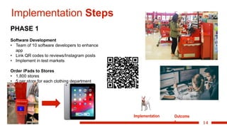14
Implementation Steps
PHASE 1
Software Development
• Team of 10 software developers to enhance
app
• Link QR codes to reviews/Instagram posts
• Implement in test markets
Order iPads to Stores
• 1,800 stores
• 5 per store for each clothing department
Implementation Outcome
s
 