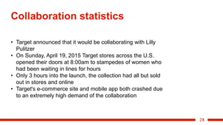 28
Collaboration statistics
• Target announced that it would be collaborating with Lilly
Pulitzer
• On Sunday, April 19, 2015 Target stores across the U.S.
opened their doors at 8:00am to stampedes of women who
had been waiting in lines for hours
• Only 3 hours into the launch, the collection had all but sold
out in stores and online
• Target's e-commerce site and mobile app both crashed due
to an extremely high demand of the collaboration
 