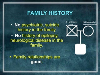 FAMILY HISTORYd. | unknown cause70 | housewife |  no medical illnessNo psychiatric, suicide history in the familyNo history of epilepsy, neurological disease in the family.Family relationships are good.
