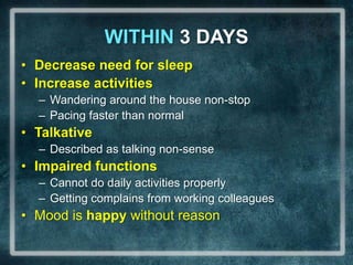 WITHIN 3 DAYSDecrease need for sleep Increase activitiesWandering around the house non-stopPacing faster than normalTalkativeDescribed as talking non-senseImpaired functionsCannot do daily activities properlyGetting complains from working colleaguesMood is happy without reason
