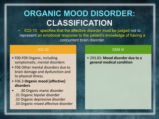 ORGANIC MOOD DISORDER: CLASSIFICATIONICD-10   specifies that the affective disorder must be judged not to represent an emotional response to the patient’s knowledge of having a concurrent brain disorder.