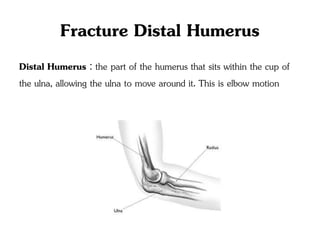 Fracture Distal Humerus
Distal Humerus : the part of the humerus that sits within the cup of
the ulna, allowing the ulna to move around it. This is elbow motion
 