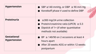 Hypertension ● SBP 140 mmHg, or DBP 90 mm Hg
≥ ≥
● Korotkoff phase V used to define DBP
Proteinuria ● ≥300 mg/24 urine collection
● Protein/creatinine ratio (UPCR) 0.3
≥
● Dipstick of 1+ (if other quantitative
methods not available)
Gestational
Hypertension
● BP 140/90 on 2 occasions at least 4
≥
hours apart
● After 20 weeks AOG or within 12 weeks
postpartum
 