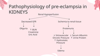 Pathophysiology of pre-eclampsia in
KIDNEYS Renal Hypoperfusion
Decreased GFR Ischemia to renal tissue
Oliguria Proteinuria
↓ Intravascular
Oncotic Pressure
↑ Hydrostatic
Pressure
↓ Serum Albumin
↑ Urine Protein
Edema
↑ BUN
Creatinine
Uric Acid
 