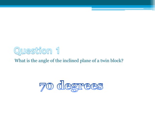 What is the angle of the inclined plane of a twin block?
 