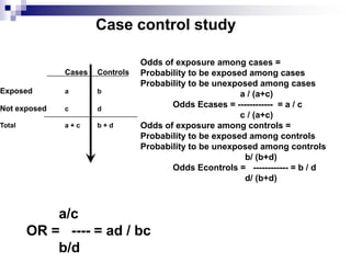 Case control study

                                 Odds of exposure among cases =
              Cases   Controls   Probability to be exposed among cases
                                 Probability to be unexposed among cases
Exposed       a       b                                  a / (a+c)
Not exposed   c       d
                                        Odds Ecases = ------------ = a / c
                                                         c / (a+c)
Total         a+c     b+d        Odds of exposure among controls =
                                 Probability to be exposed among controls
                                 Probability to be unexposed among controls
                                                          b/ (b+d)
                                        Odds Econtrols = ------------ = b / d
                                                          d/ (b+d)



            a/c
        OR = ---- = ad / bc
            b/d
 