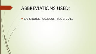 ABBREVIATIONS USED:
C/C STUDIES= CASE CONTROL STUDIES
 
