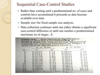 Sequential Case-Control Studies
Rather than waiting until a predetermined no. of cases and
controls have accumulated it proceeds as data become
available over time.
 Sample size<for fixed sample size analysis.
 Data collection continues until one either obtains a significant
case-control difference or until one reaches a predetermined
maximum no of stages , S.




eg

 